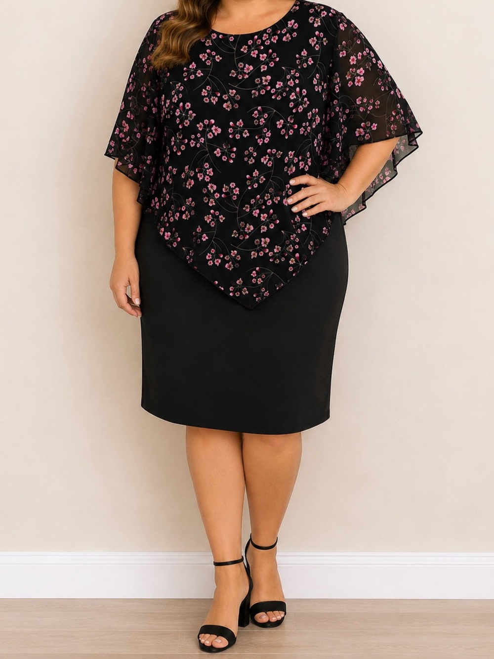 Floral Overlay Dress Black & Pink